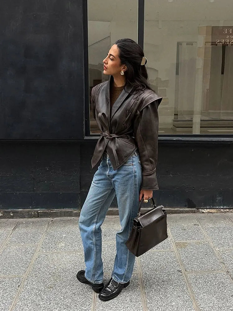 Women Fashion V-neck Lapel Belt Leather Jacket Chic Lace Up High Waist Full Sleeve Overcoat 2025 Lady Autumn High Street Outwear
