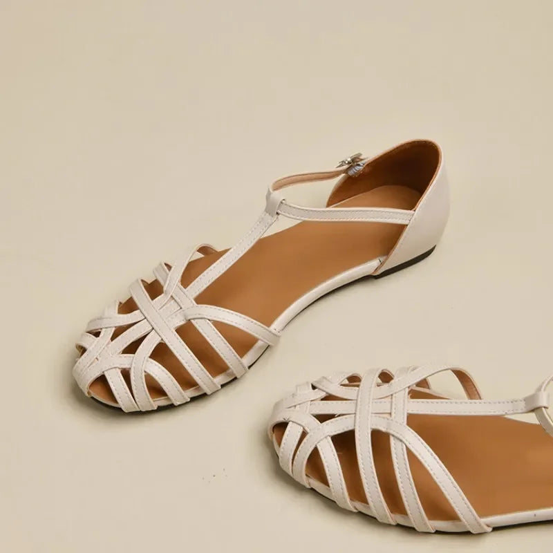 Shoes Female Sandal 2025 Women's Girls Beige New Summer Comfort Low Retro Flat Back Strap Square heel Rubber PU Scandals