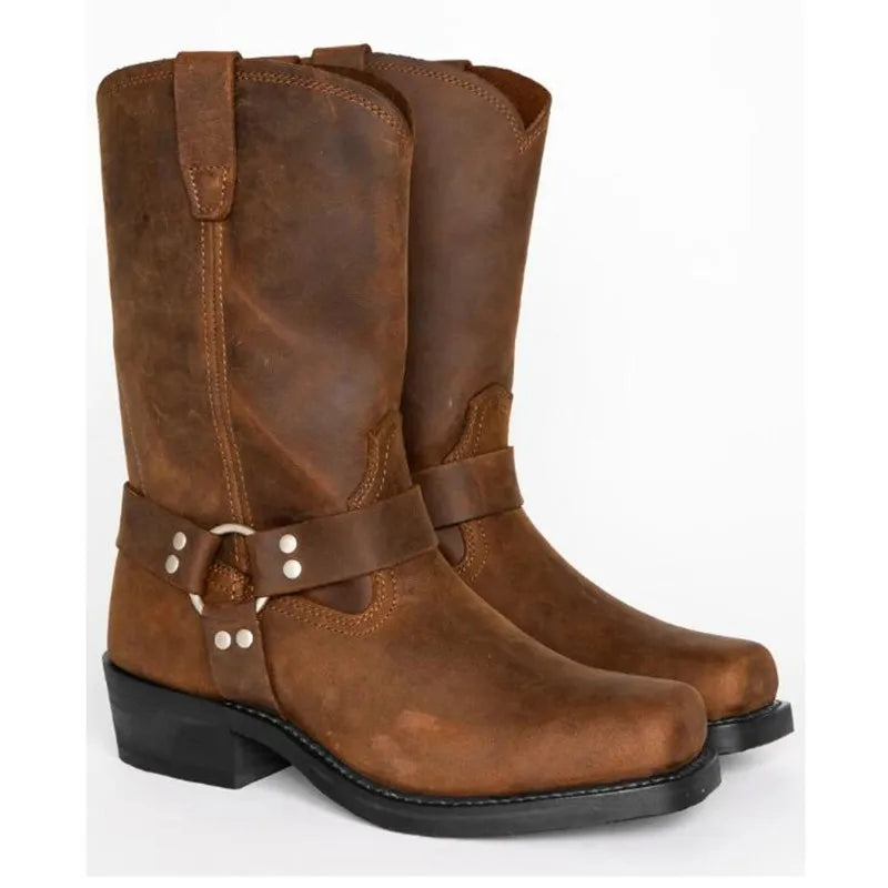 Luxury Retro Cowboy Boots Men Mid Calf Western Boot Men Pu Leather Man Slip On Shoes Winter Knight Boots Booties Plus Size 48