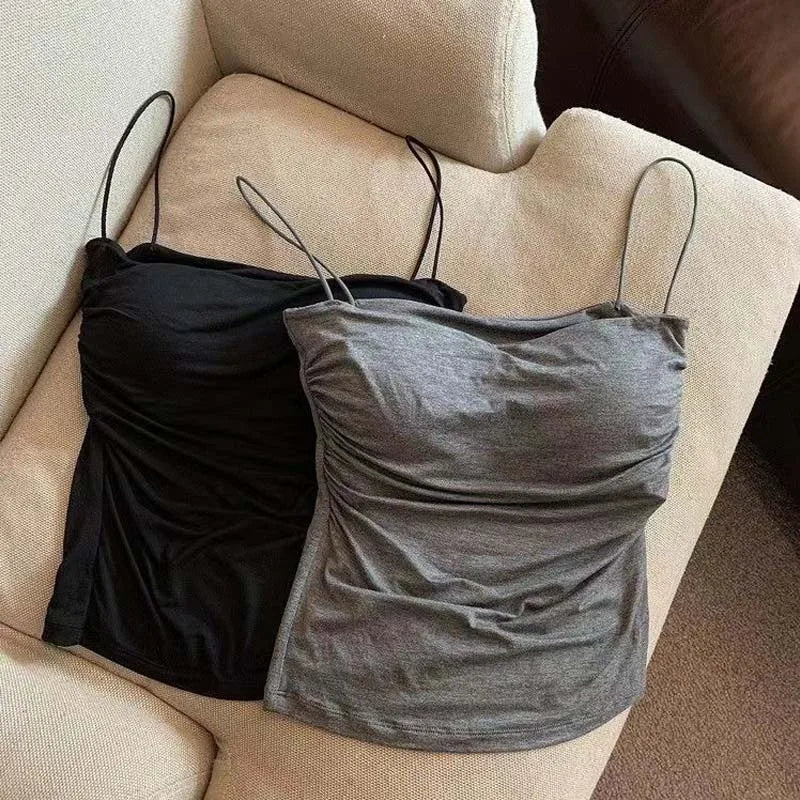 Summer Camisoles Tank Tops Women With Built In Bra  Strap Tanks Vest Sleeveless Tees Cropped Top Solid Color Casual Top