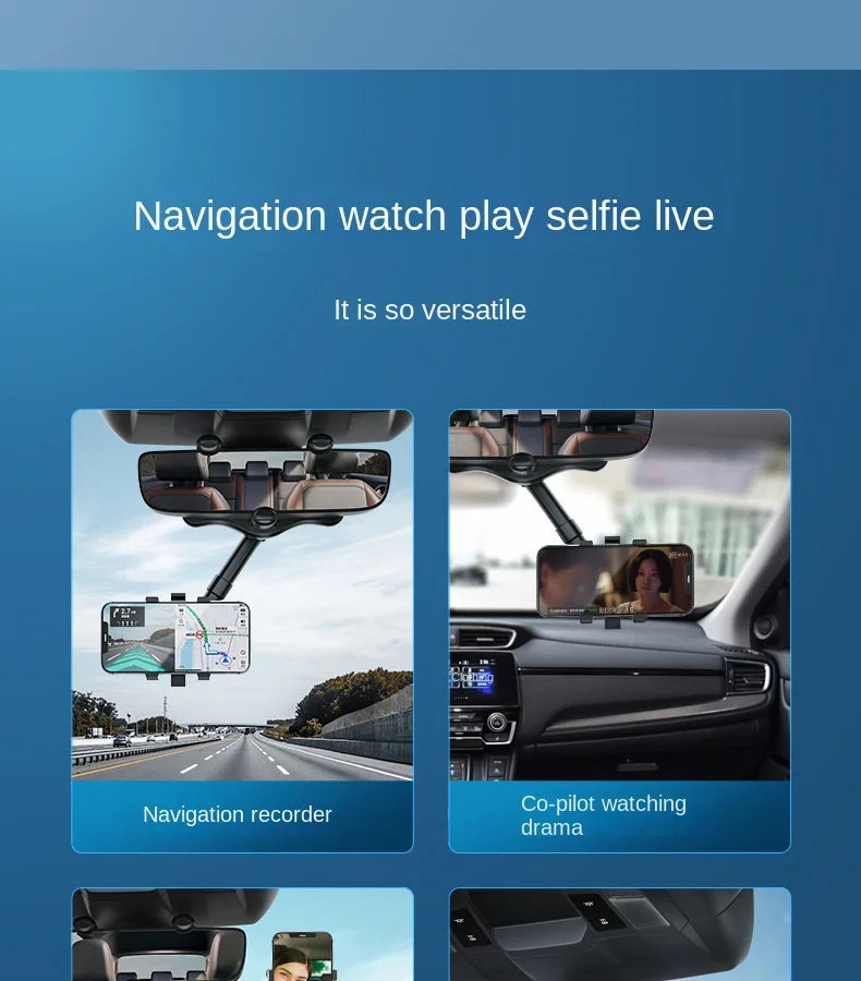 360° Car Rearview Mirror Phone Holder Mount Phone and GPS Holder Universal Rotating Adjustable Telescopic Phone Stand Support