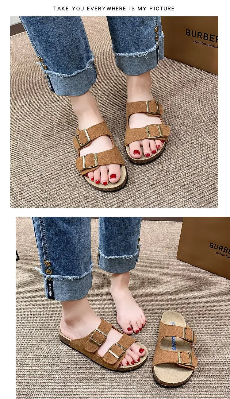Litfun Women's Cork Footbed Sandals Classic Flat Sandals Fashion Thick Bottom Double Buckle Slides Beach Sandals With Adjustable