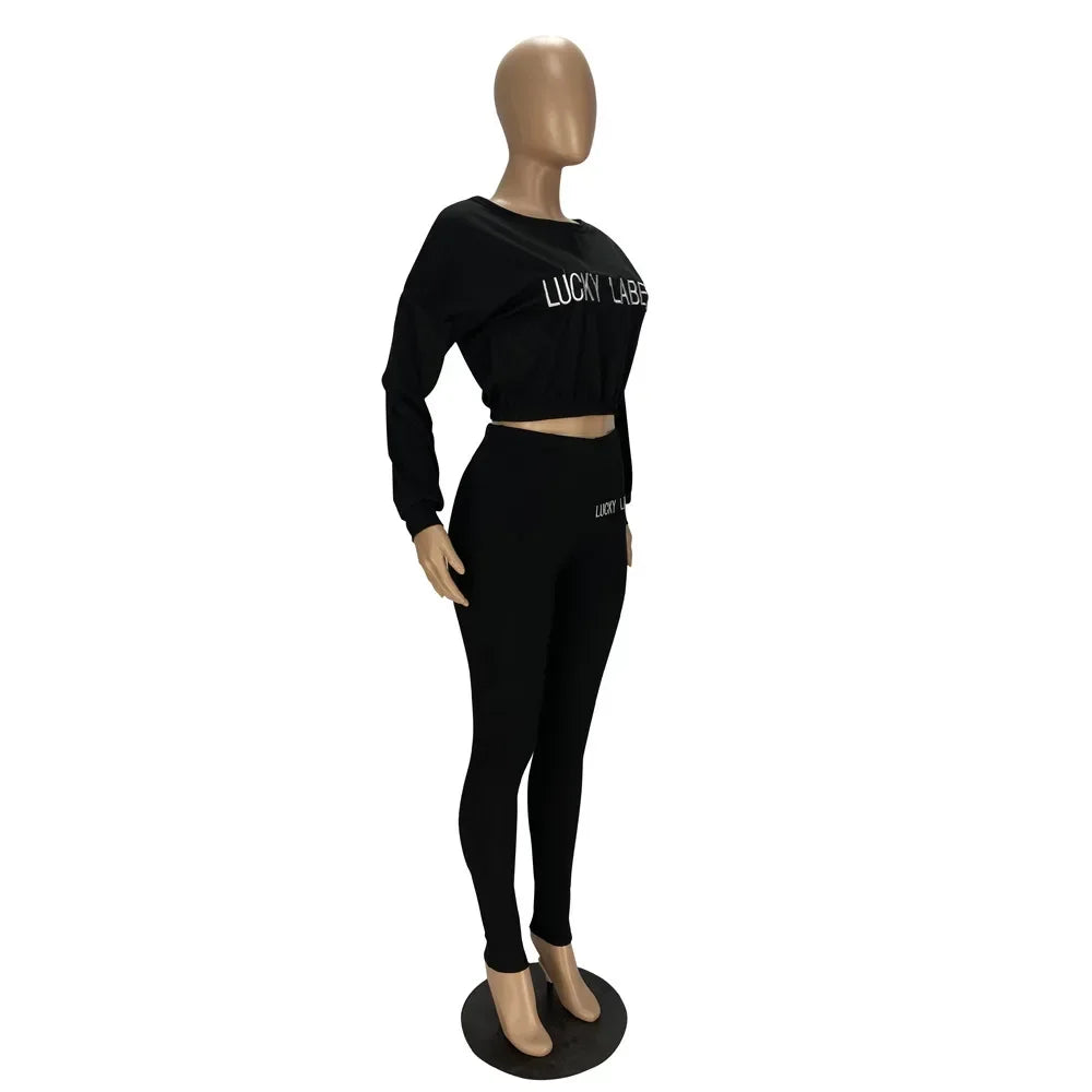 Fashion Summer Solid Lucky Label Letter Embroidery Two Piece Sets Women Sweatshirt+Leggings Casual Sporty Tracksuits Female