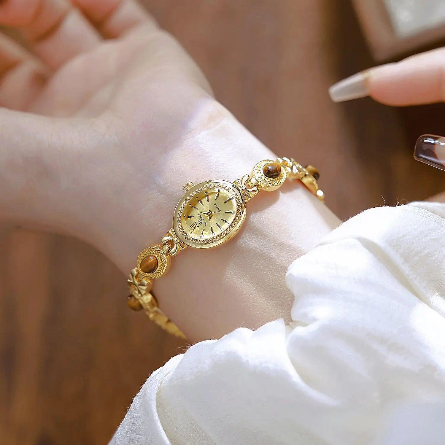 Women's Watch Natural Jade Bracelet Vintage Small Oval Dial Gold Retro Watches Luxury Brand Women Quartz Wristwatches Clock Gift