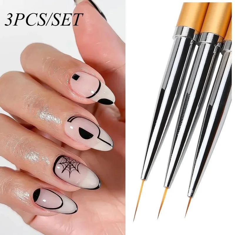 Fine Tip Nail Art Liner Brush 3Pcs Acrylic 3D Line Striping Pen UV Gel Drawing Brush Set for French Manicure DIY Painting