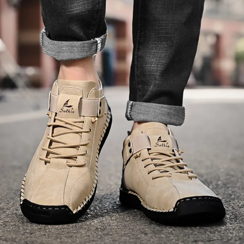 Winter New Men's Low-top Ankle Boots High Quality Hand-stitched Hook&loop Leather Casual Sneakers Classic Man Shoes Plus Size 48