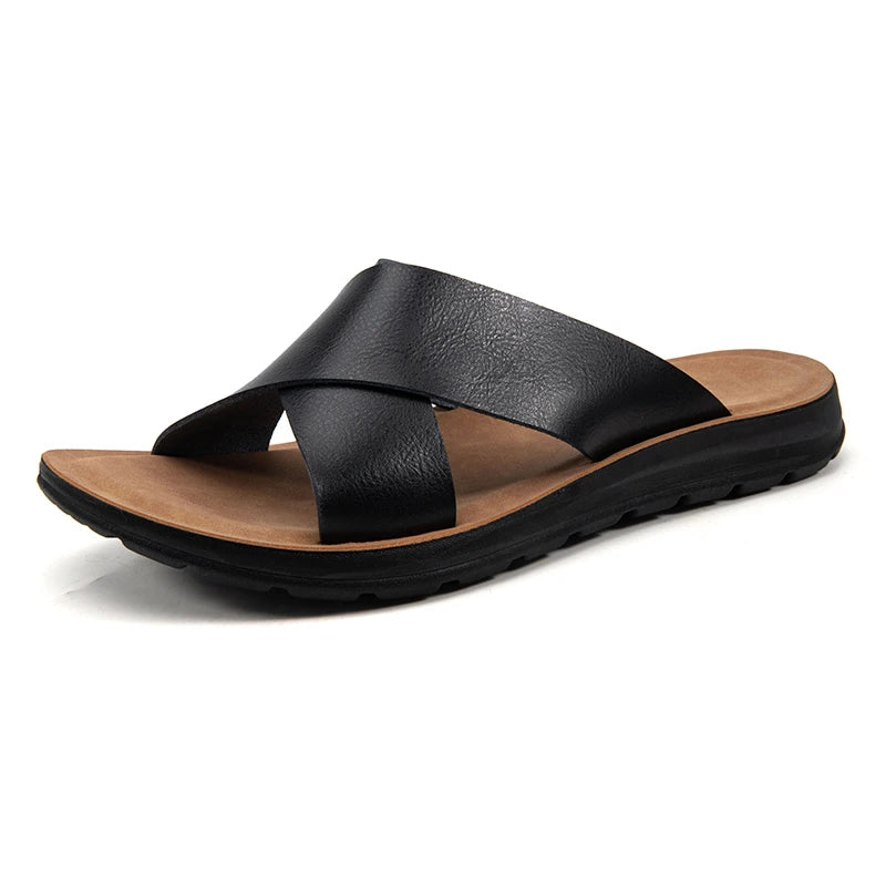 Summer Sandals High Quality Leather Men Bare Toe Slippers Men Shoes Slip on Casual Shoes Outdoor Mens Slides Comfy Beach Sandals
