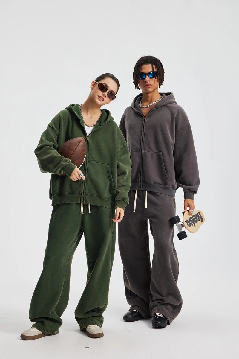 New Autumn and Winter Cashmere Zip Up Jacket Streetwear Casual Oversized Acid Washed Wax Printed Hooded Fleece Zipper Hoodie