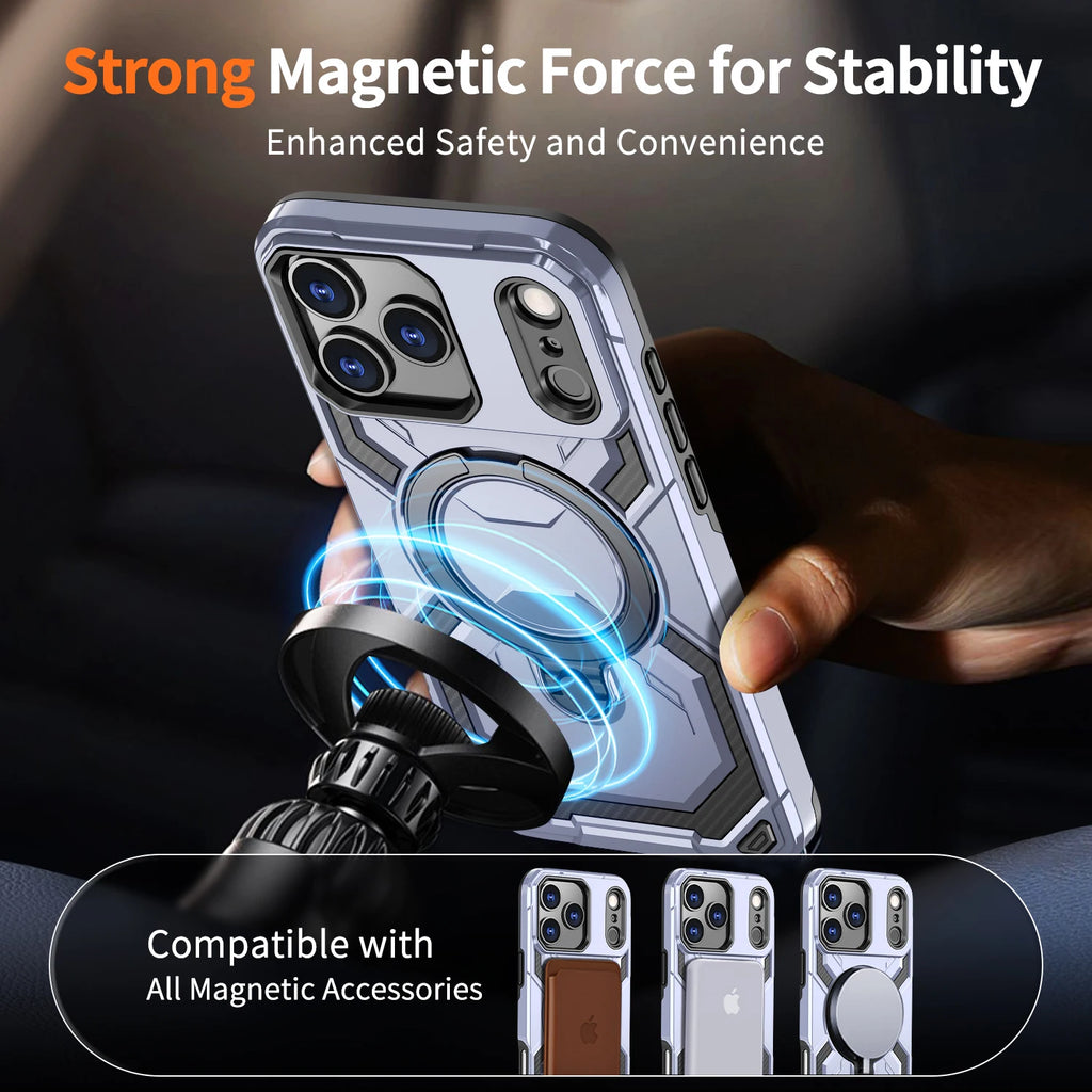 Luxury For Magsafe Wireless Charging Magnetic Armor Case For iPhone 17 Air 16E 16 15 14 13 12 11 Pro Max Plus Ring Stand Cover