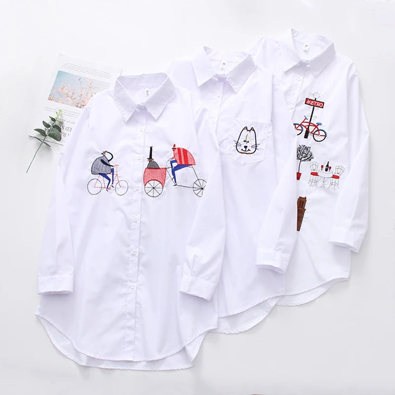 Fashion loose women's cotton embroidered shirt spring and autumn long top 5083