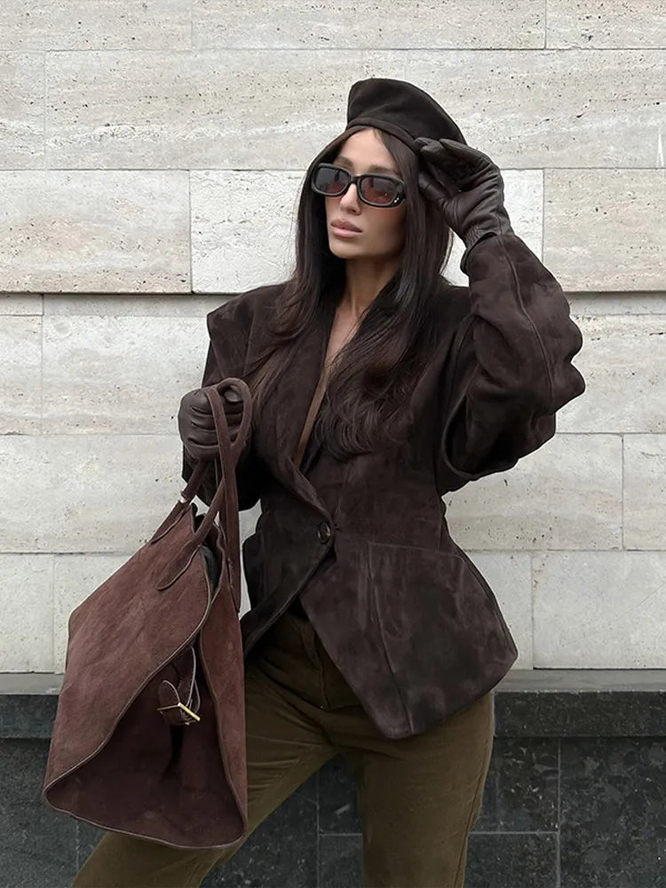 Women Fashion V-neck Lapel Belt Leather Jacket Chic Lace Up High Waist Full Sleeve Overcoat 2025 Lady Autumn High Street Outwear