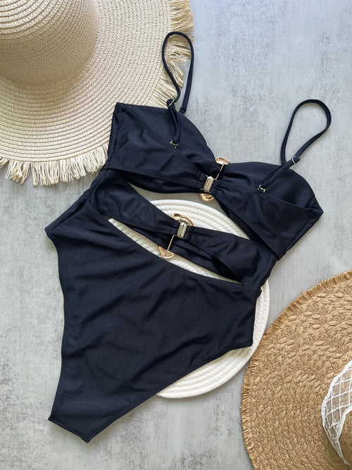 3 Colors Sexy Metal Rings Cut Out Women Swimwear One Piece Swimsuit Female Bandeau High Leg Cut Bather Bathing Suit Swim B022D - EXPRESS STORE