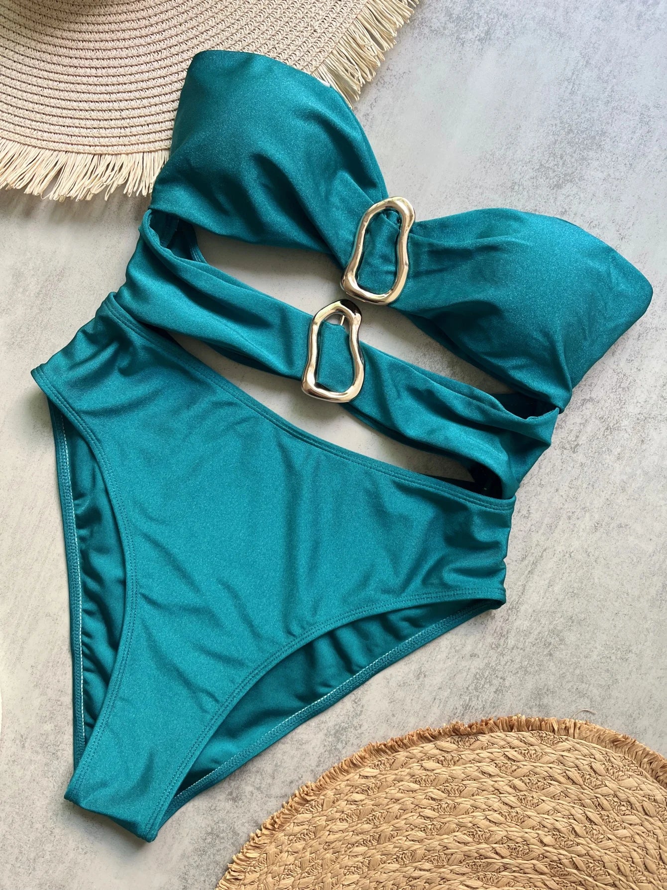 3 Colors Sexy Metal Rings Cut Out Women Swimwear One Piece Swimsuit Female Bandeau High Leg Cut Bather Bathing Suit Swim B022D - EXPRESS STORE