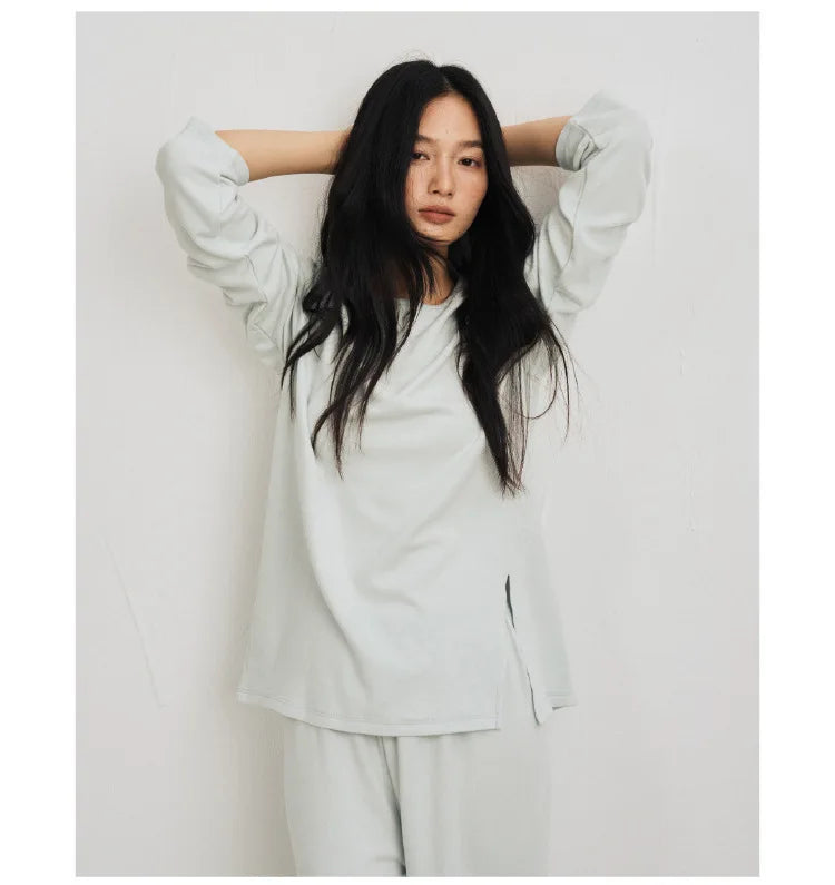 Autumn Winter Women Double-sided Brushed Pajamas T Shirt Pant Two Piece Set for home