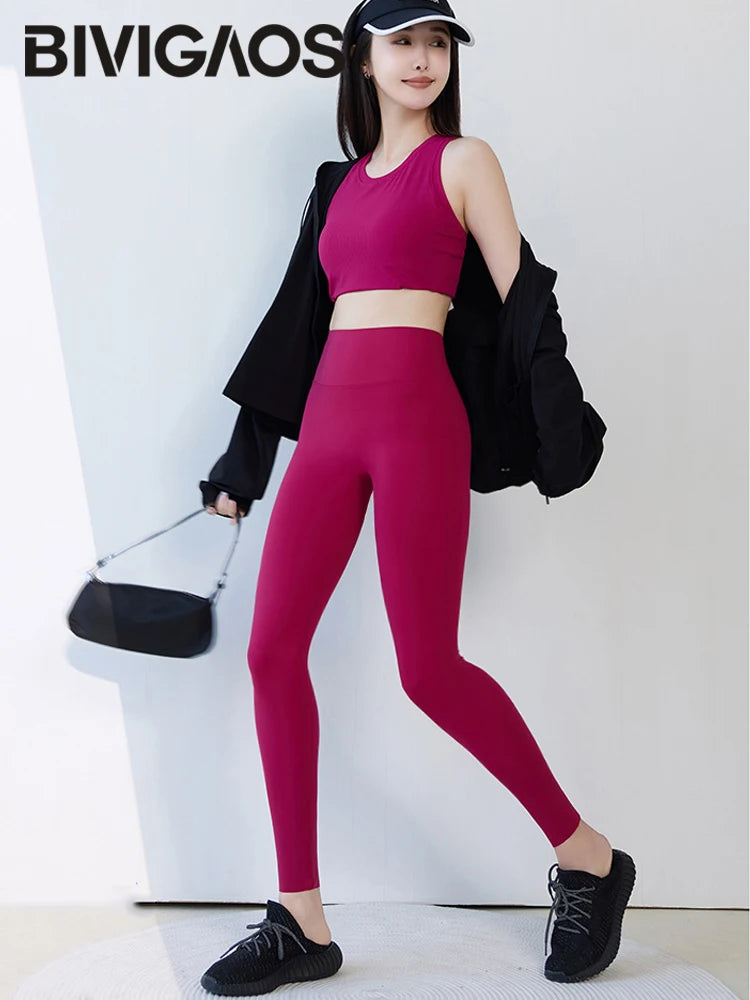 BIVIGAOS Spring Summer New Plum Red 3D Naked Feeling Sharkskin Leggings Women Slim Sexy Sport Yoga Push Up Fitness Leggings