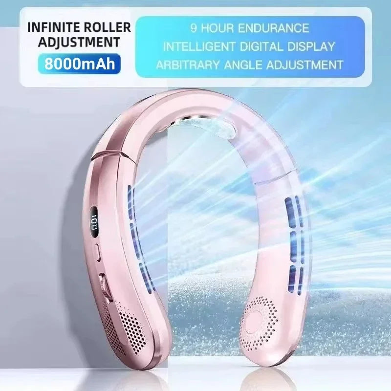 2026 New 8000mAh Portable Hanging Neck Fan Bladeless Neckband Fan Digital Display Power Air Cooler USB Rechargeable Electric Fan
