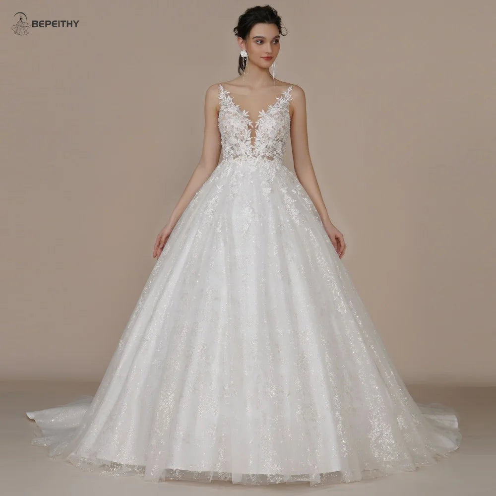 BEPEITHY Customized Luxury Strapless A Line Glitter Wedding Dresses Off The Shoulder Women Ivory Bling-Bling Bride Bridal Gown