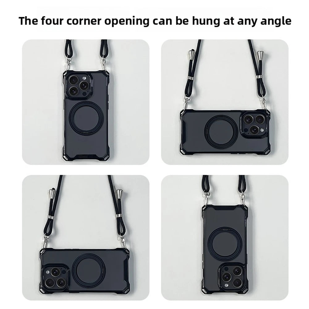 Crossbody Lanyard Strap Holder Phone Case For iphone 17 Air 16 15 14 Plus 13 12 11 Pro Max 16E For Magsafe Magnetic Stand Cover