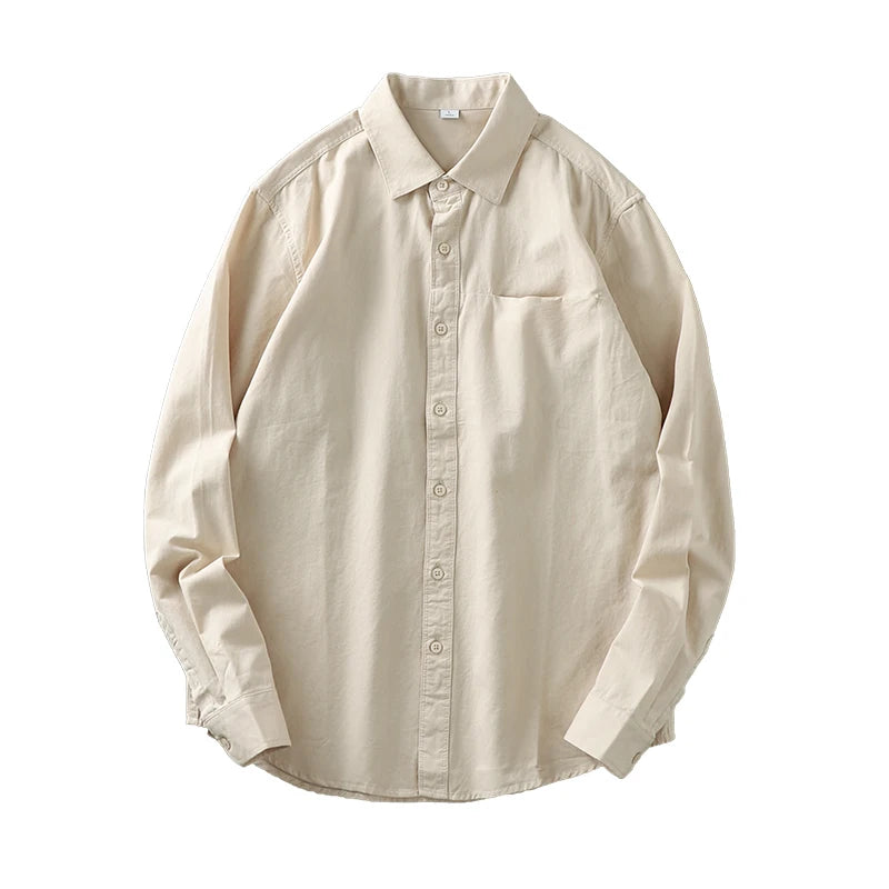 Dukeen Long-Sleeved Shirt Men's Spring and Autumn Cotton Senior Sense of Casual Solid Color White Lapel Shirt Vintage Clothes