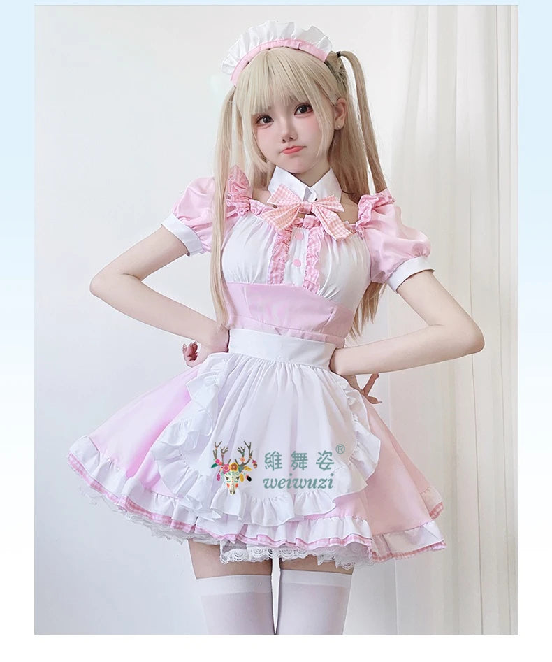 Japanese Sweet Cute Lolita Dress Maid Cosplay Costume Pink Bow Maid Dress Girl Fashion Stage Perfermance Fancy Costume Catwomen
