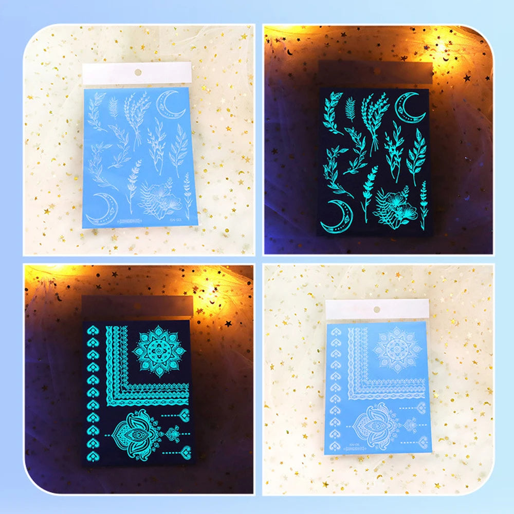 5pcs Blue Luminous Glow Waterproof Temporary Tattoo Sticker Moon Star Heart  Line Flash Tato Women Men Arm Body Art Fake Tattoos