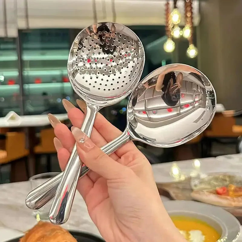 1Pc Stainless Steel Ladles For Serving Soup Rice Serving Spoon Drain Hole Heat Insulated Handle Kitchen Utensils For Daily Use