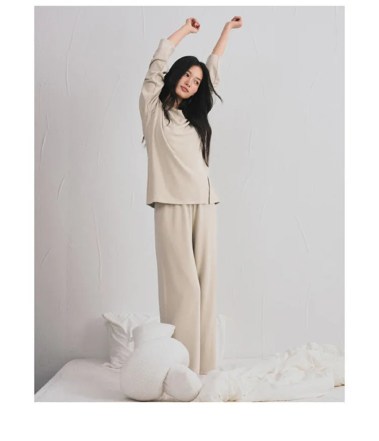 Autumn Winter Women Double-sided Brushed Pajamas T Shirt Pant Two Piece Set for home