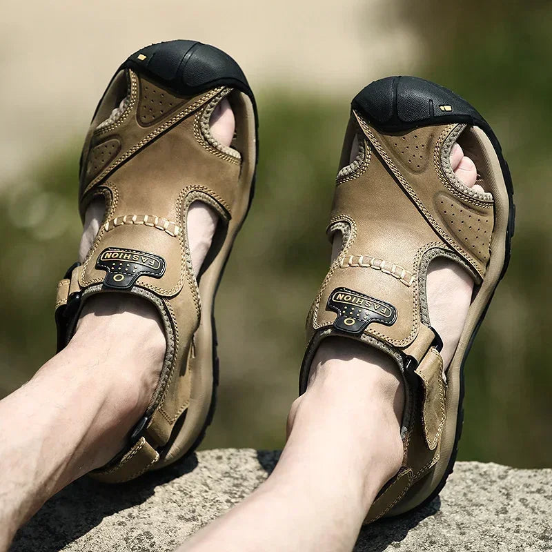 Summer Sandals Leather Outdoor Men Beach Shoes Luxury Breathable Casual Sandal Man Wading Shoes Non-slip Wide lining Slippers