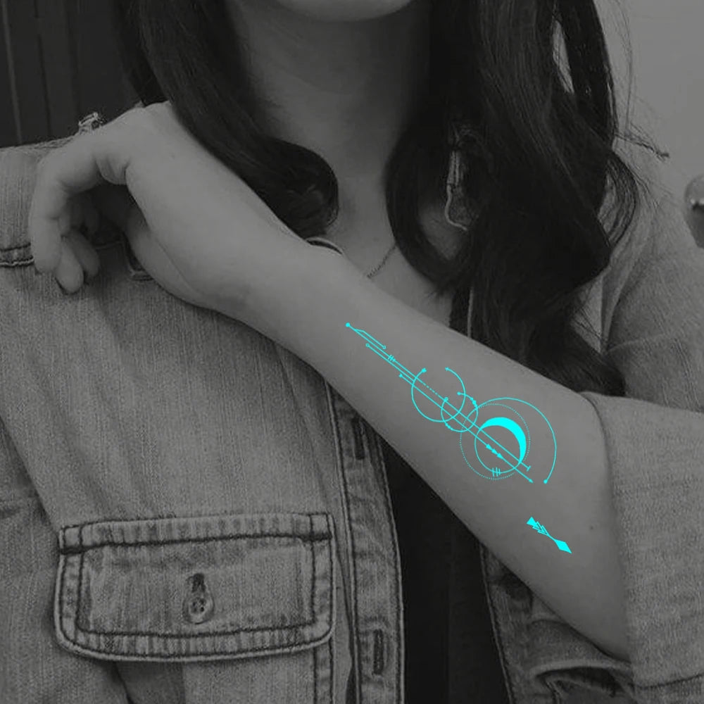 5pcs Blue Luminous Glow Waterproof Temporary Tattoo Sticker Moon Star Heart  Line Flash Tato Women Men Arm Body Art Fake Tattoos