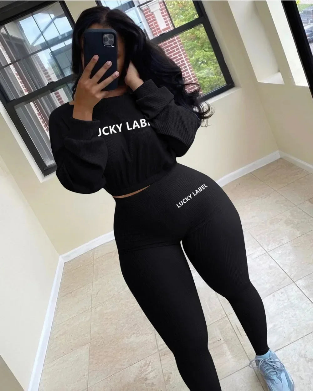 Fashion Summer Solid Lucky Label Letter Embroidery Two Piece Sets Women Sweatshirt+Leggings Casual Sporty Tracksuits Female