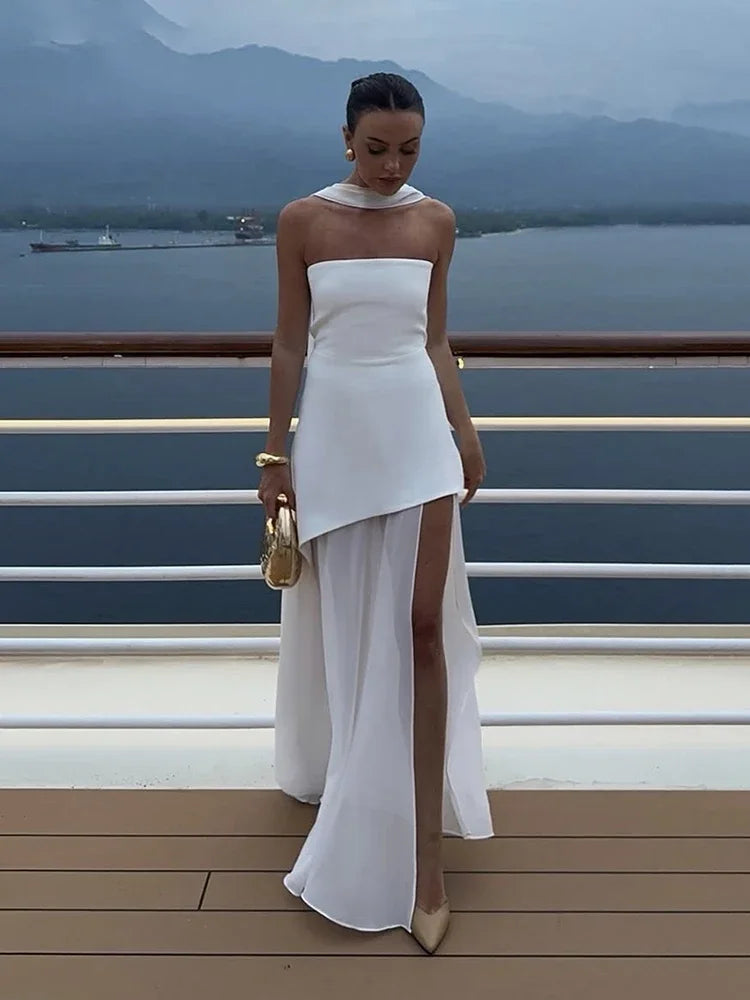 2025 New Strapless Dress With Ribbon Women's Elegant Sleeveless Mesh Beach Vacation Long Dress Spring Fashion Lady Dress