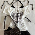 Y2k Slim Fit Print Tops Women Off Shoulder Short Sleeve Tee Shirt Neploe American Vintage Fake Two Piece Halter Lace Up T-shirts