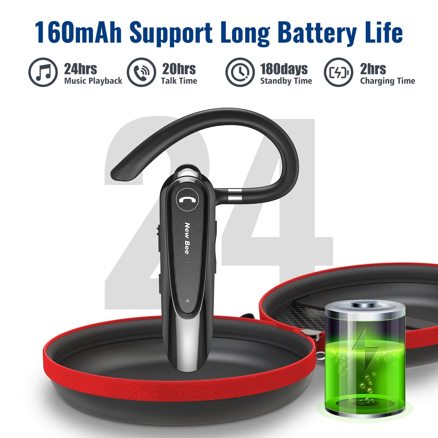 New Bee B45 Wireless Bluetooth Headset Earphones V5.0 Headphones with Dual Mics CVC8.0 Hands-Free Earpiece for Driving Business