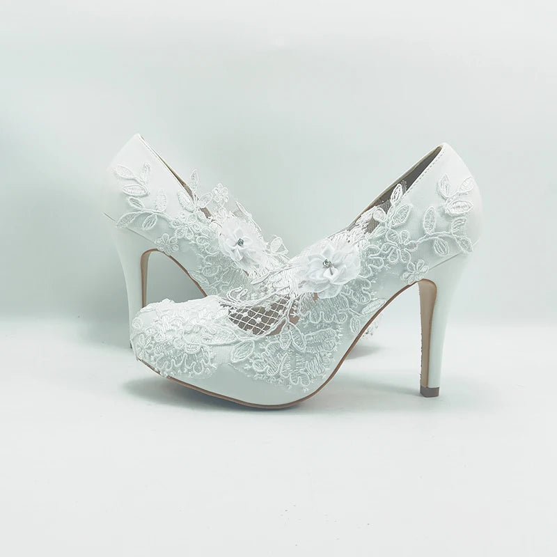 BaoYaFang White Flower Pumps New arrival womens wedding shoes Bride High heels platform shoes for woman ladies party dress shoes