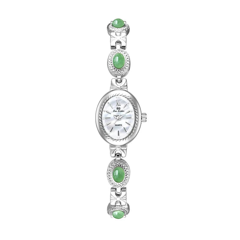 Women's Watch Natural Jade Bracelet Vintage Small Oval Dial Gold Retro Watches Luxury Brand Women Quartz Wristwatches Clock Gift