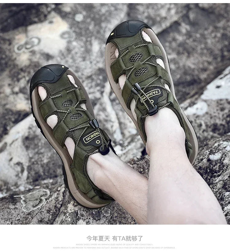 Summer Sandals Leather Outdoor Men Beach Shoes Luxury Breathable Casual Sandal Man Wading Shoes Non-slip Wide lining Slippers