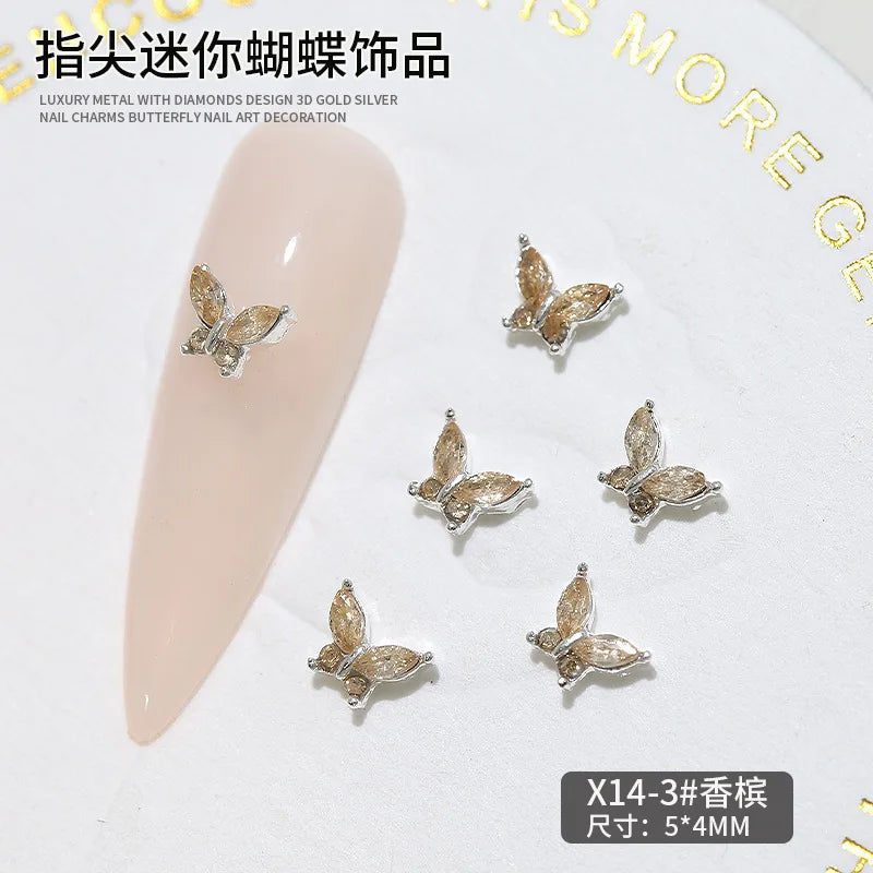 10PCS 3D Mini Crystal Butterfly Nail Art Charms Jewelry Parts Accessories Luxury Alloy Nails Decoration Rhinestones Supplies