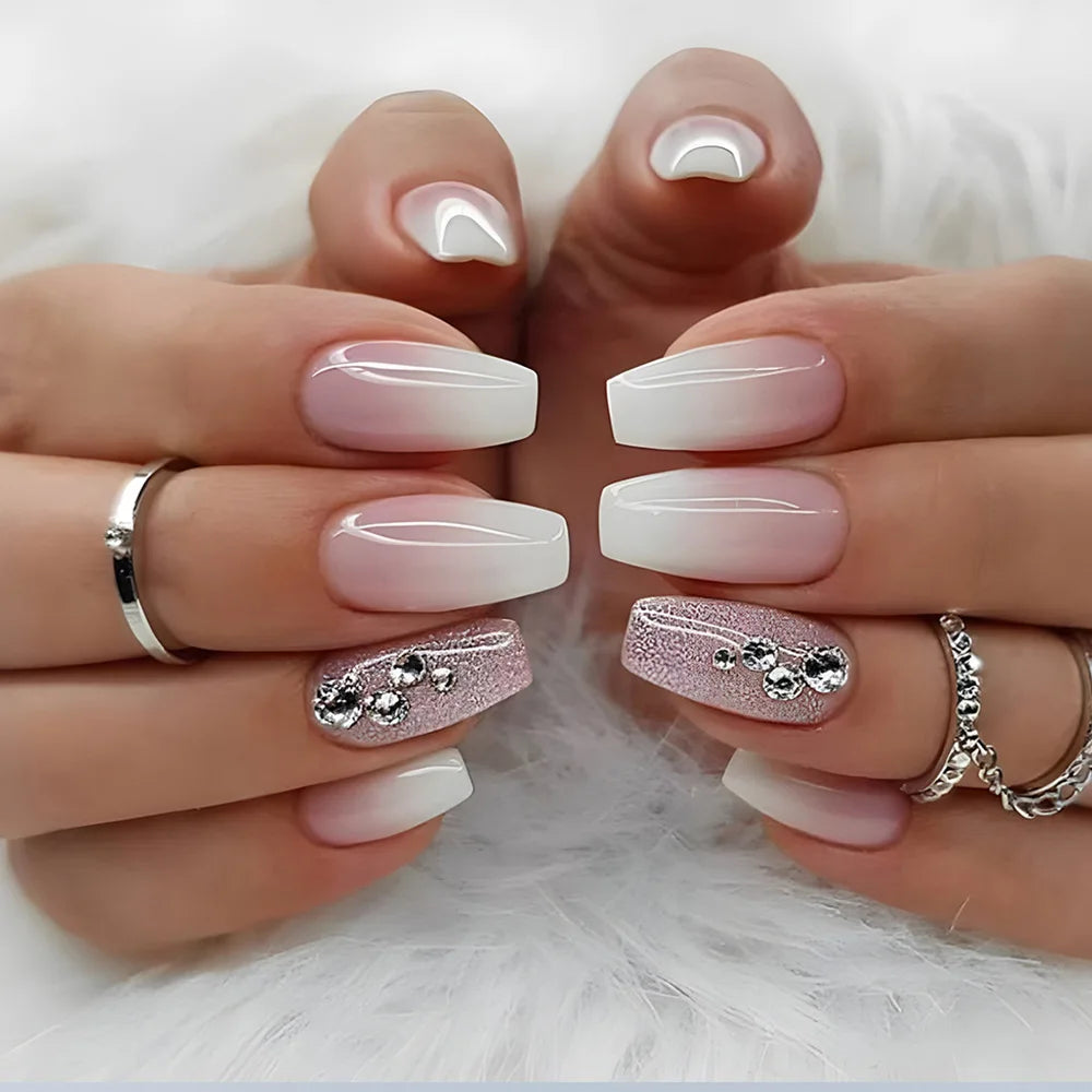 24Pcs Glossy Short Ballerina Press On Nails Pink Glitter Style False Nails With Rhinestone Shiny Artificial Reusable Fake Nails