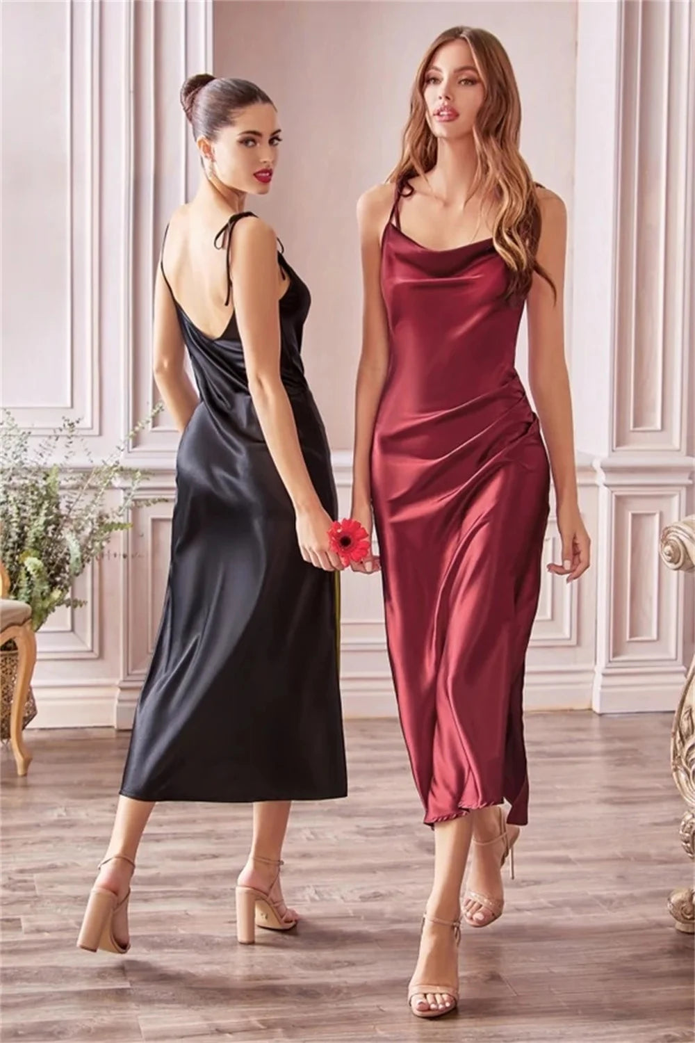 Elegant Women Maxi Beach Satin Dress Sexy Leg Slit Lace up Evening Prom Gown Adjustable Straps Bridesmaid Dresses