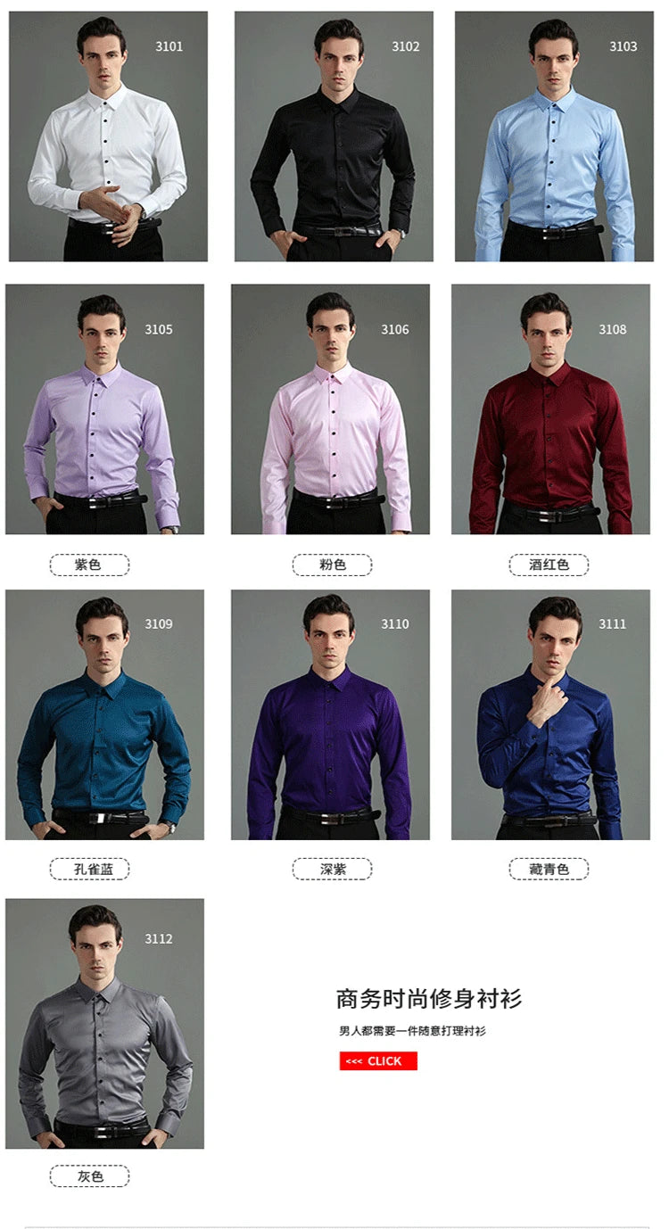 Plus Size 7XL 6XL High Elasticity Seamless Spandex Shirt Men Long Sleeve Slim Fit Casual Solid Color Social Formal Dress Shirts