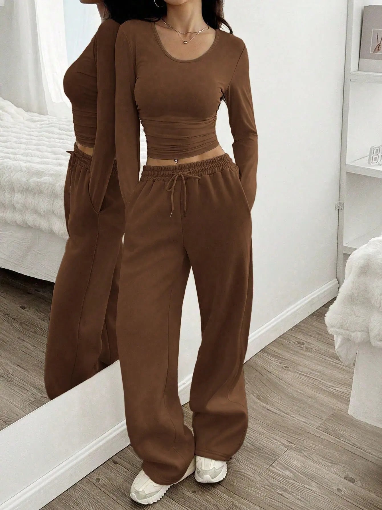 Women's Fashion Casual Wide Leg Pants Long Sleeve Crew Neck Solid Color Slim Two-piece Autumn and Winter Suit