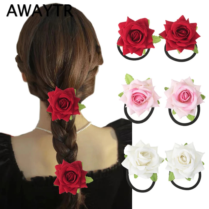 AWAYTR 2pcs New Girls Hair Rope Simulation Flower Cloth Elastic Hair Bands Rose Hair Ties Woman Hair Accesories Wholesale