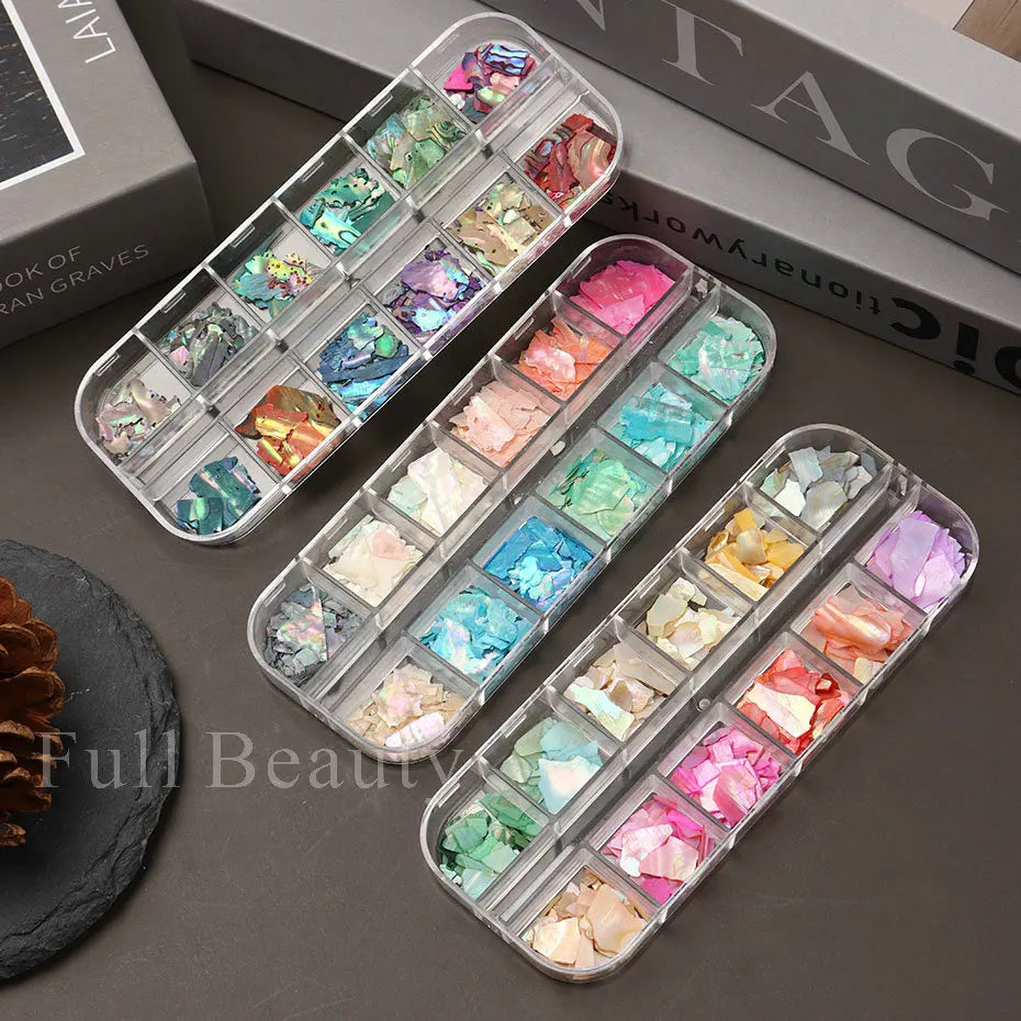 6/12Grid Abalone Sea Shell for Nails Holographic Mirror Nail Art Glitter Flakes Rainbow Mermaid Irregular Sequins Manicure Decor