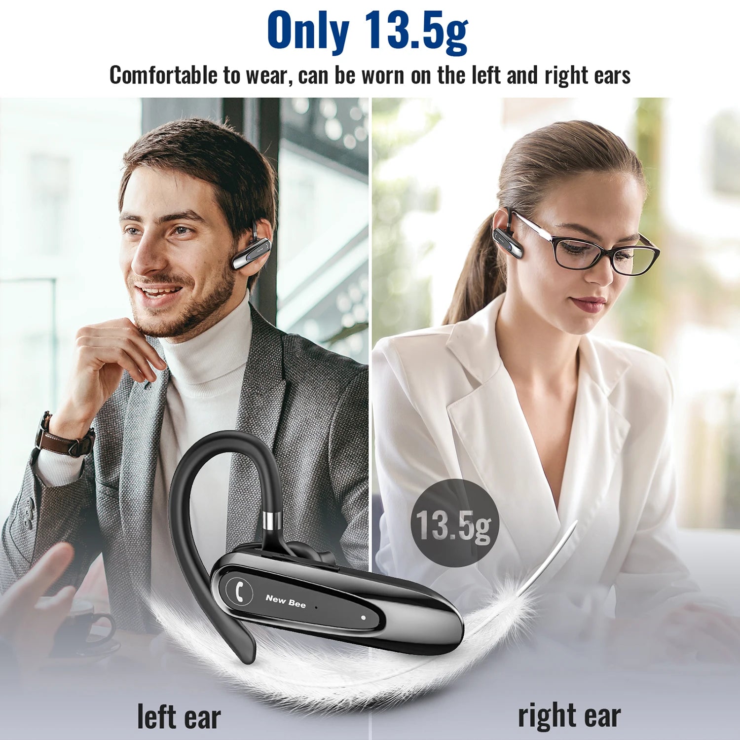 New Bee B45 Wireless Bluetooth Headset Earphones V5.0 Headphones with Dual Mics CVC8.0 Hands-Free Earpiece for Driving Business