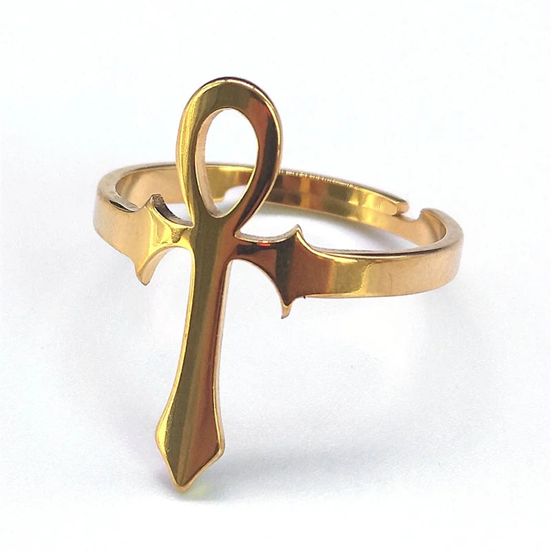 Egyptian Ankh Cross Ring Stainless Steel Anubis Life Symbol Adjustable Egypt Trend Finger Ring Party Jewelry Gift for Women Men