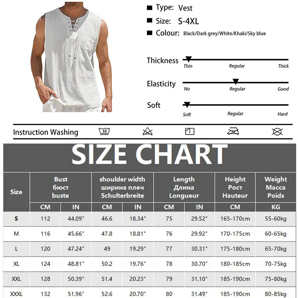 Men Summer Tank Top Sleeveless T-Shirt Lace-up Design Solid Color Shirt Loose Fit Vest Daily Vest Men Clothing