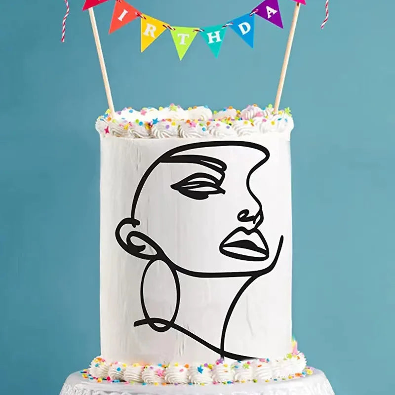 New Gold Portrait Happy Birthday Cake Topper Black Acrylic Abstract Art Boys Girls Party Cake Topper Baby Shower Girl Decoration