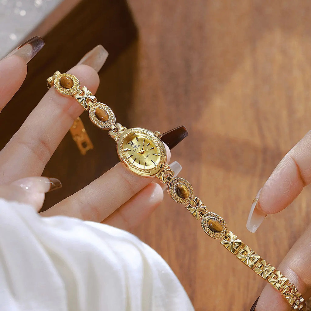 Women's Watch Natural Jade Bracelet Vintage Small Oval Dial Gold Retro Watches Luxury Brand Women Quartz Wristwatches Clock Gift