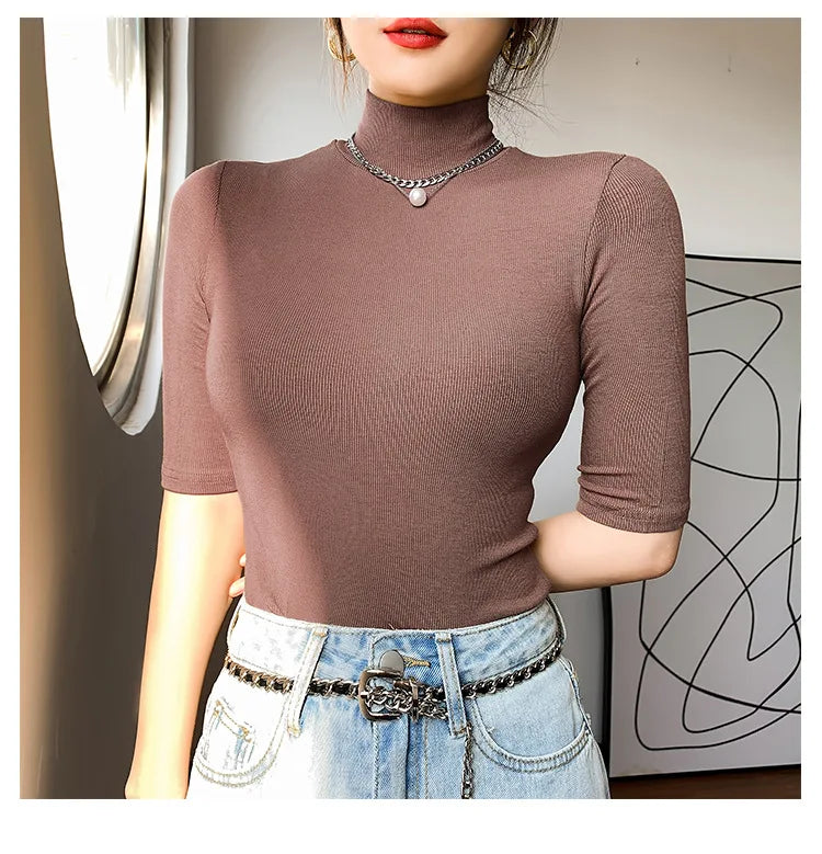 Basic  T Shirt Women Turtleneck Slim Tshirt Short Sleeve T-shirts Female Casual Elasticity White Tee Shirt Femme Woman Top