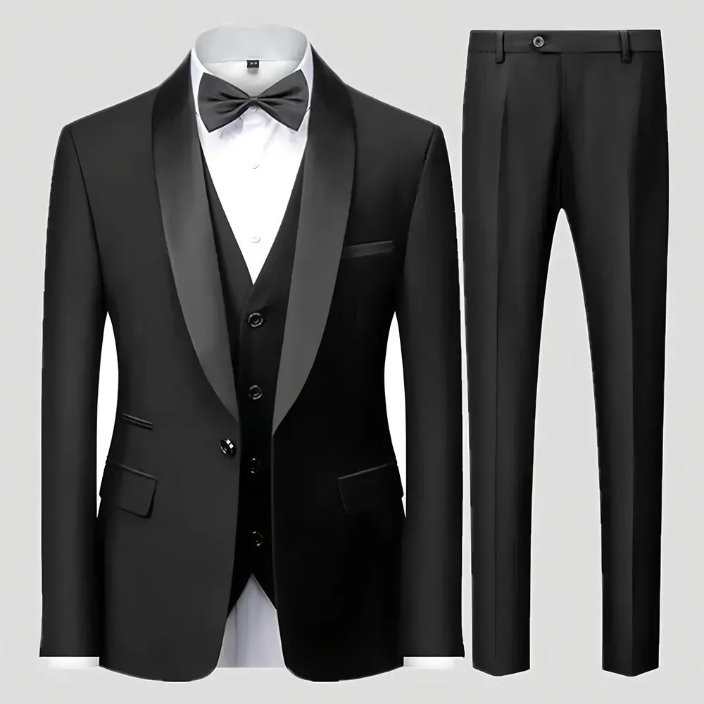 Traje Formal de 3 Piezas para Hombre – Tuxedo Negro con Solapa Chal